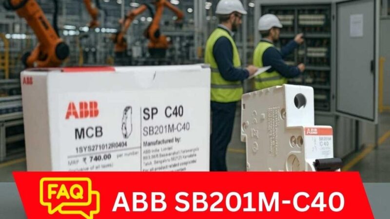 ABB SB201M-C40 MCB FAQ thumbnail with product image, box, and engineers in background – Shansen Enterprises