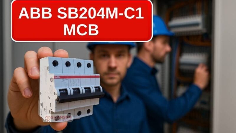 Two electrical engineers in blue safety helmets inspect an industrial control panel while one holds the ABB SB204M-C1 four-pole miniature circuit breaker toward the camera
