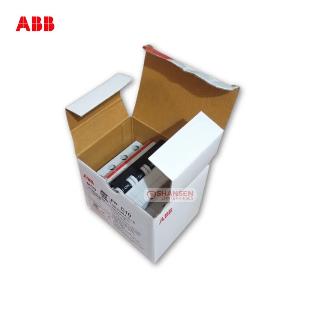 ABB SB204M-C10 4-pole miniature circuit breaker sitting inside its open ABB-branded packaging box, with Shansen Enterprises watermark