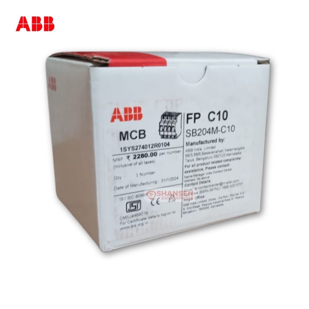 Close-up of ABB SB204M-C10 miniature circuit breaker packaging label with specifications and Shansen Enterprises watermark