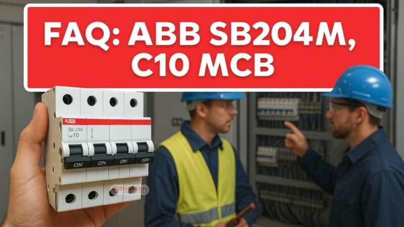 Hand holding an ABB SB204M-C10 4-pole miniature circuit breaker with two engineers in safety gear inspecting an electrical control panel in the background