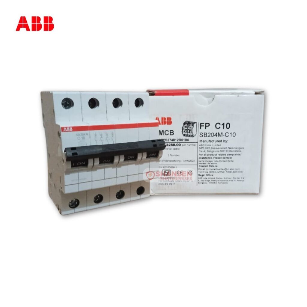 ABB SB204M-C10 4P miniature circuit breaker next to its branded packaging box, featuring Shansen Enterprises watermark