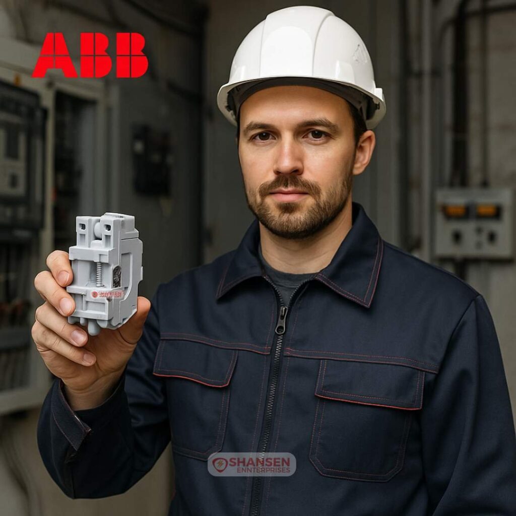 Electrical engineer holding ABB SOR XT1..XT4 Shunt Opening Release device in an industrial control room