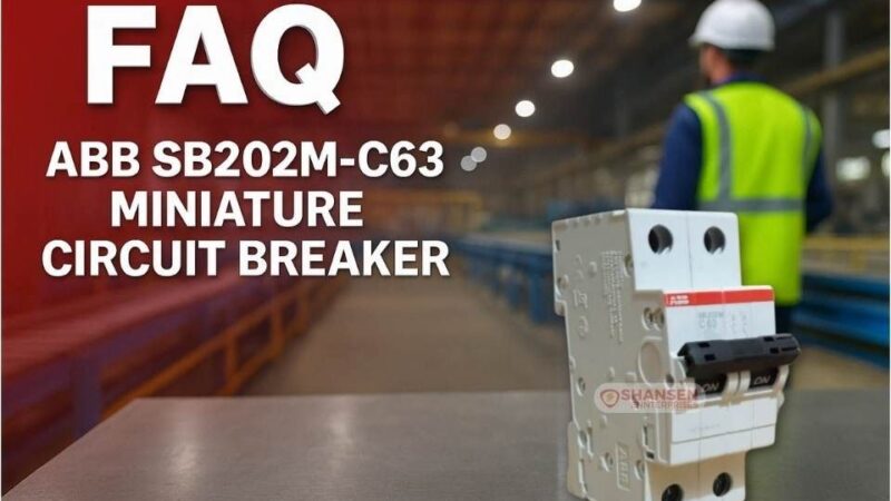 FAQ header image featuring ABB SB202M-C63 miniature circuit breaker on a steel table with engineer in factory background