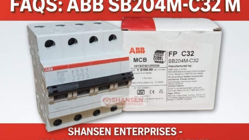 FAQs banner for ABB SB204M-C32 MCB with product image and Shansen Enterprises branding