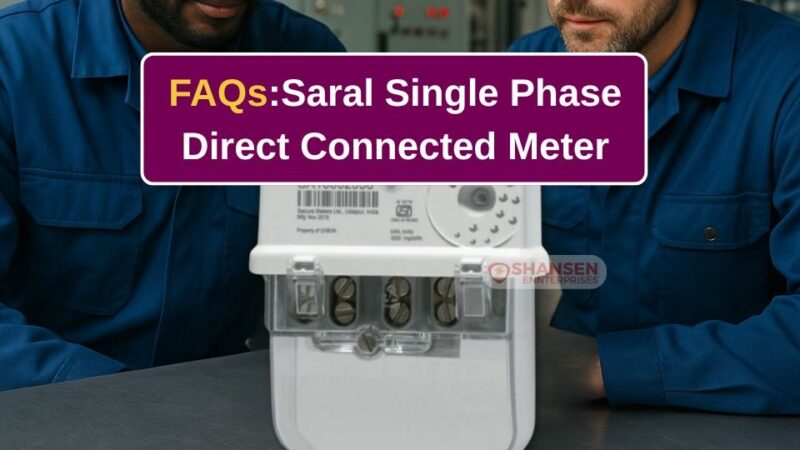 Two electrical engineers in blue uniforms inspect a Saral Single Phase Direct Connected Meter on a metal workbench, with a purple FAQ banner reading “FAQs: Saral Single Phase Direct Connected Meter” at the top
