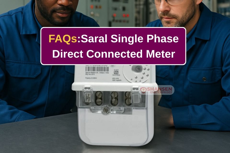 Two electrical engineers in blue uniforms inspect a Saral Single Phase Direct Connected Meter on a metal workbench, with a purple FAQ banner reading “FAQs: Saral Single Phase Direct Connected Meter” at the top