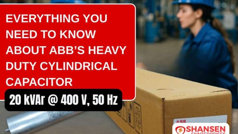 ABB 20 kVAr 400V cylindrical capacitor blog header with factory background and technicians
