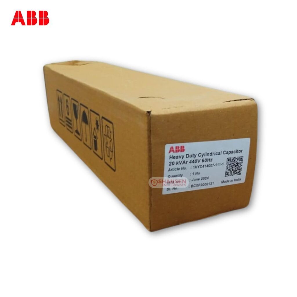 ABB 20 kVAr 440V 50Hz cylindrical capacitor packaging with product label and QR code