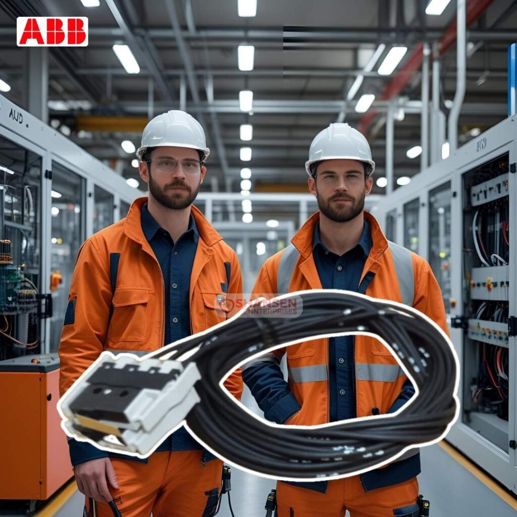 Two industrial engineers with ABB logo, wearing hard hats, in an automation factory setting