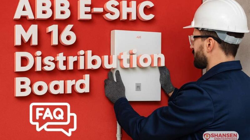 Electrician installing ABB E-SHC M 16 Distribution Board with bold 3D product name on red background