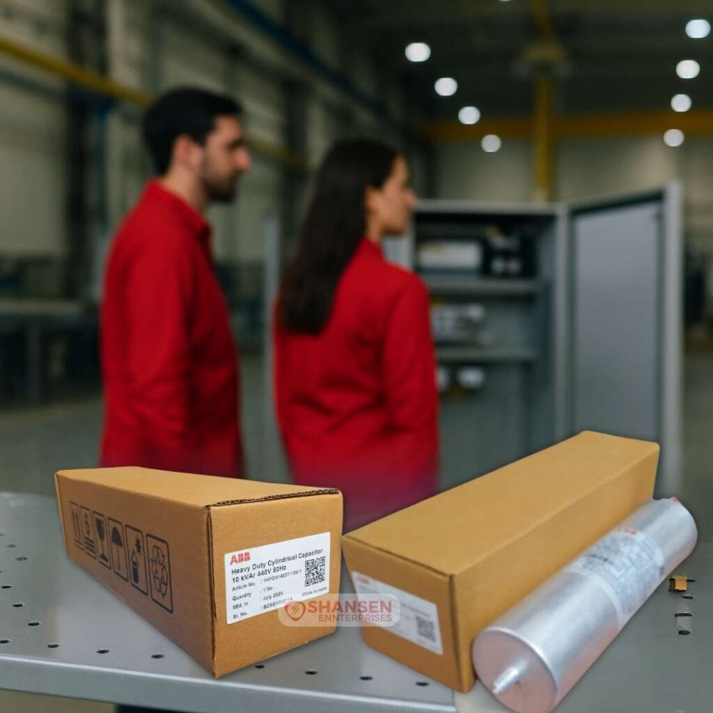 ABB 10kVAr 440V 50Hz Heavy Duty Capacitor on bench with red-uniformed engineers in factory background