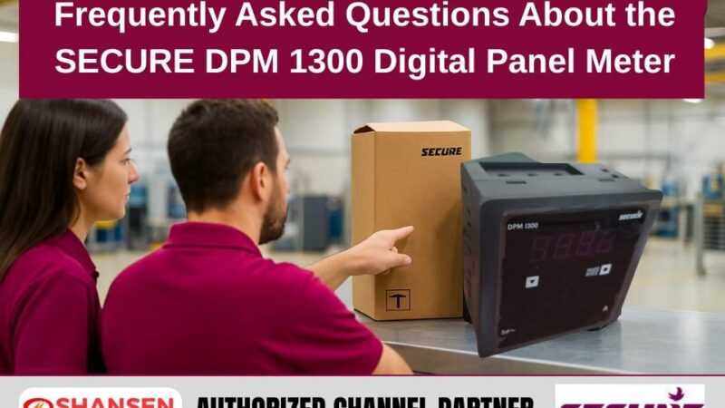 Two engineers with SECURE DPM 1300 Digital Panel Meter on a bench with packaging, Shansen Enterprises Authorized Channel Partner