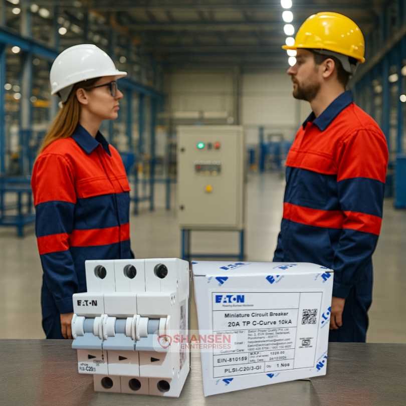 Eaton PLSI-C20/3-GI 20A 3-Pole MCB with two electrical engineers in PPE inspecting a control panel inside a brightly lit factory, Shansen Enterprises branding