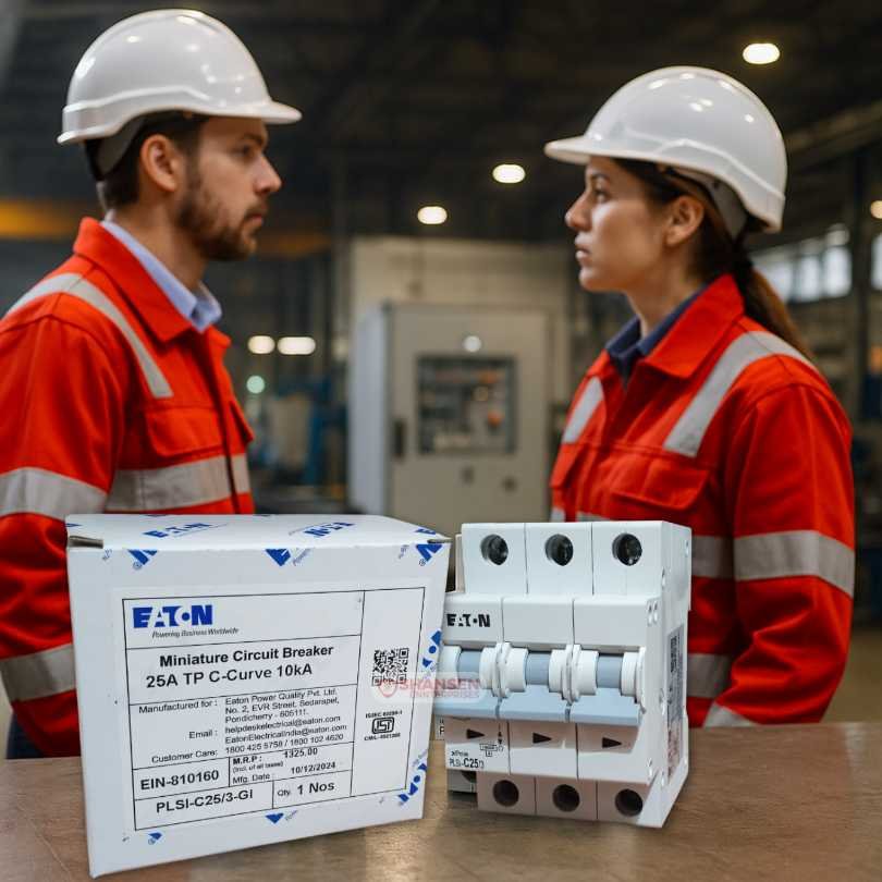 Two electrical engineers in red-and-white striped uniforms and white safety helmets stand in a brightly lit factory, while an Eaton PLSI-C25/3-GI triple-pole 25 A C-curve miniature circuit breaker and its branded packaging sit on a steel workbench in the foreground
