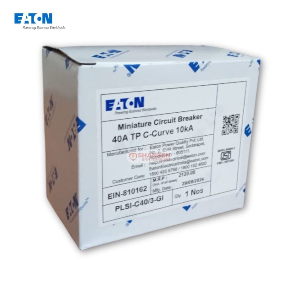 Official Eaton PLSI-C40/3-GI 40 A three-pole C-curve miniature circuit breaker packaging box with model and certification labels, Shansen Enterprises watermark