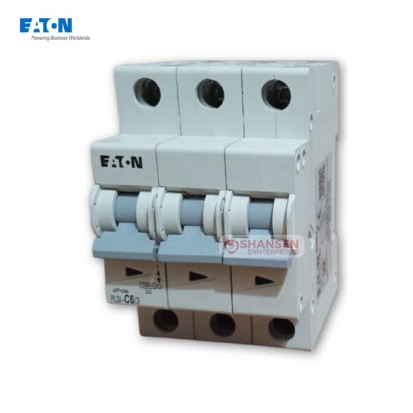Eaton PLSI-C6/3-GI three-pole 6 A C-curve miniature circuit breaker with grey toggle handles in IP20 fire-retardant housing