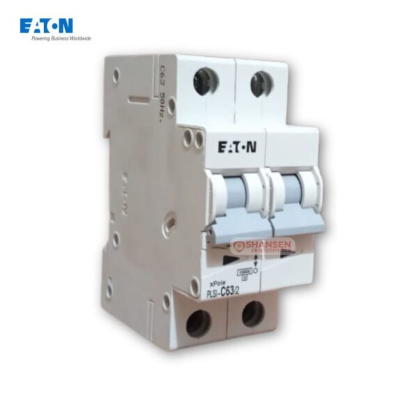 Angled photo of Eaton PLSI-C63/2-GI 63 A double-pole miniature circuit breaker with 10 kA rating, by Shansen Enterprises