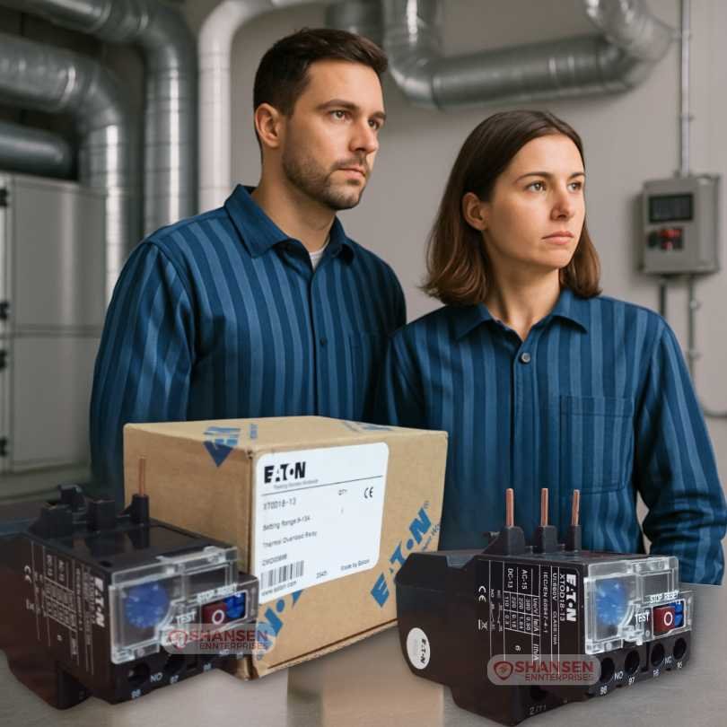 Two engineers in blue uniforms inspecting HVAC panel with Eaton XTOD18-13 relay on workbench