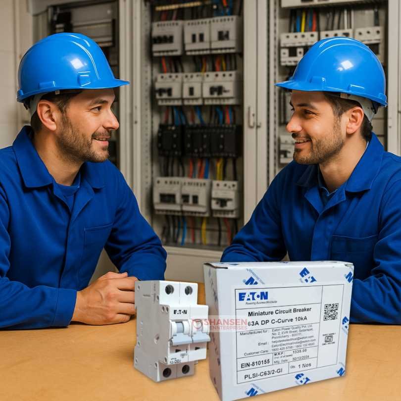 Two electrical engineers in bright-blue uniforms discuss an Eaton PLSI-C63/2-GI 63 A double-pole 10 kA miniature circuit breaker and its retail box on a workbench, with residential mains panels in the background