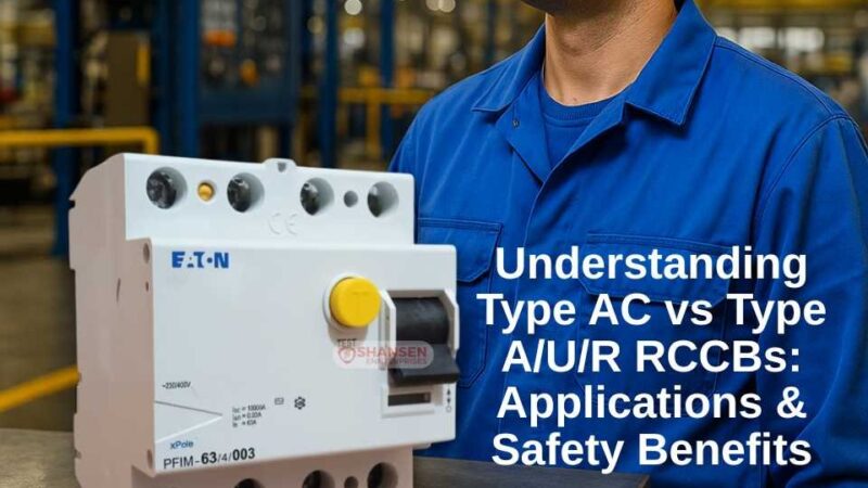 Eaton RCCB with electrical engineer in factory setting – Understanding Type AC vs A/U/R RCCBs, safety benefits, and applications