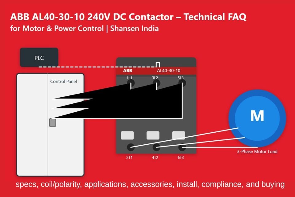 ABB AL40-30-10 240V DC contactor use-case—PLC to contactor to 3-phase motor on red background, Technical FAQ by Shansen India