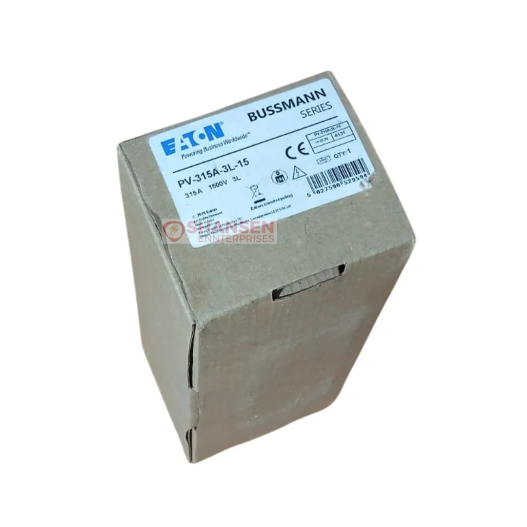Boxed Eaton Bussmann PV-315A-3L-15 gPV photovoltaic fuse, 315A 1500V DC, 3L—top view showing factory label