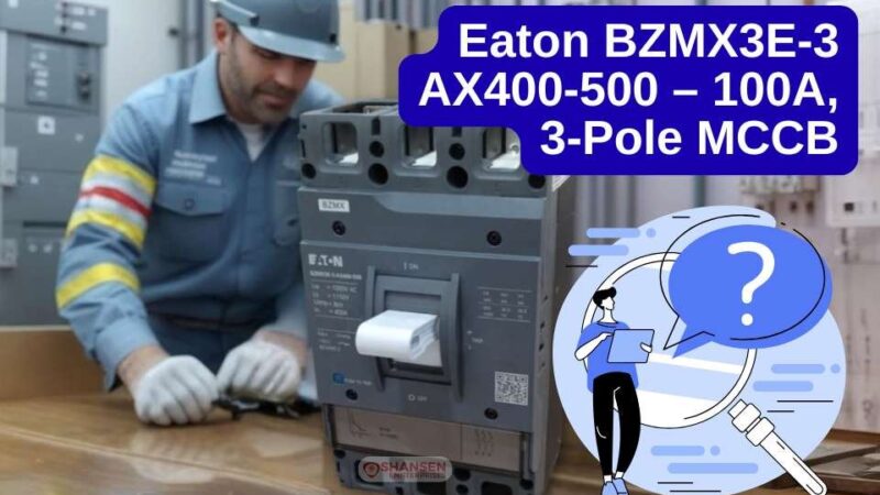 Eaton BZMX3E-3 AX400-500 – 100A, 3-Pole MCCB with electrician and FAQ icon in industrial setting