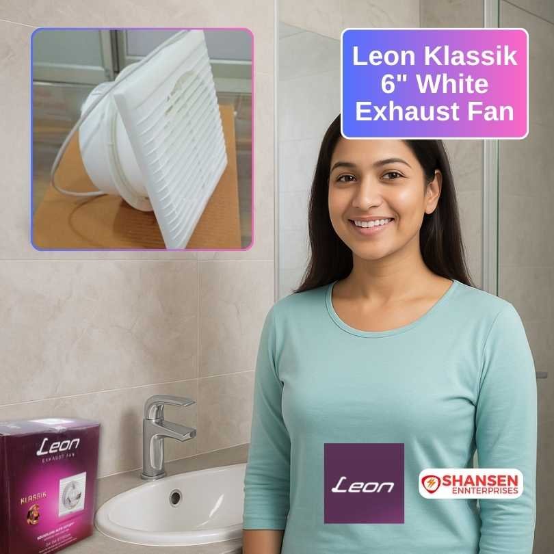 Indian woman in a modern bathroom showcasing the Leon Klassik 6 inch white exhaust fan in real use, with packaging and side-view inset