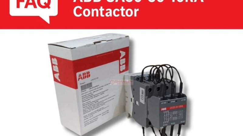 ABB UA30-30-10RA 3-pole capacitor switching contactor with packaging — FAQ banner; 230–240V 50Hz / 240–260V 60Hz, built-in damping resistors