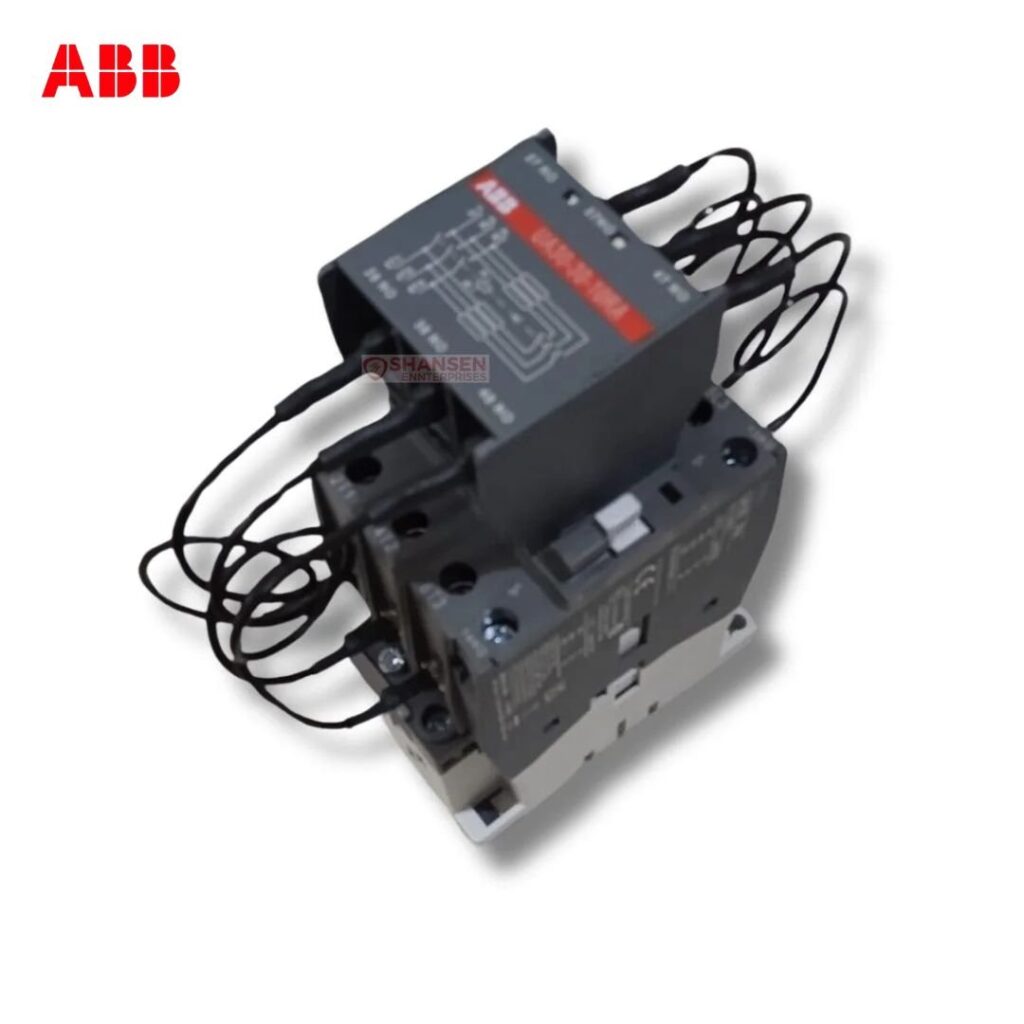 Top-angle view of ABB UA30-30-10RA 3-pole contactor with wiring looped to auxiliary block — genuine ABB product supplied by Shansen Enterprises, authorized channel partner in Coimbatore, India