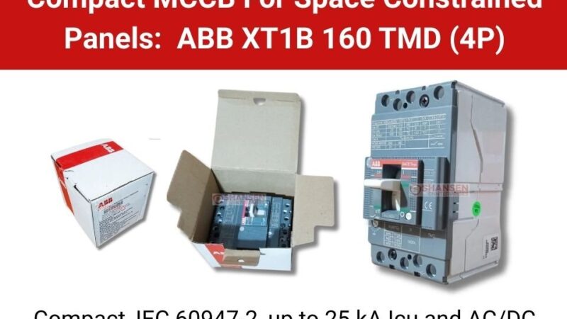 ABB XT1B 160 TMD (4P) compact MCCB for space-constrained panels, IEC 60947-2, up to 25 kA Icu, AC/DC – product hero