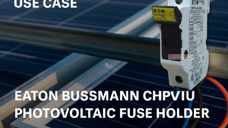 Eaton Bussmann CHPV1U photovoltaic fuse holder mounted on DIN rail over solar panel — 1000 VDC, 30A
