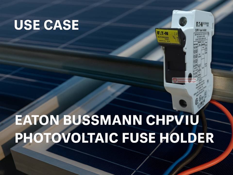Eaton Bussmann CHPV1U photovoltaic fuse holder mounted on DIN rail over solar panel — 1000 VDC, 30A