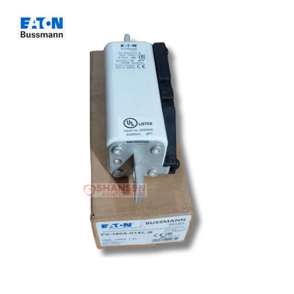 Eaton Bussmann PV-160A-01XL-B photovoltaic gPV fuse, 160A 1000V DC, ceramic body with blade terminals and indicator, placed on original box – Shansen Enterprises