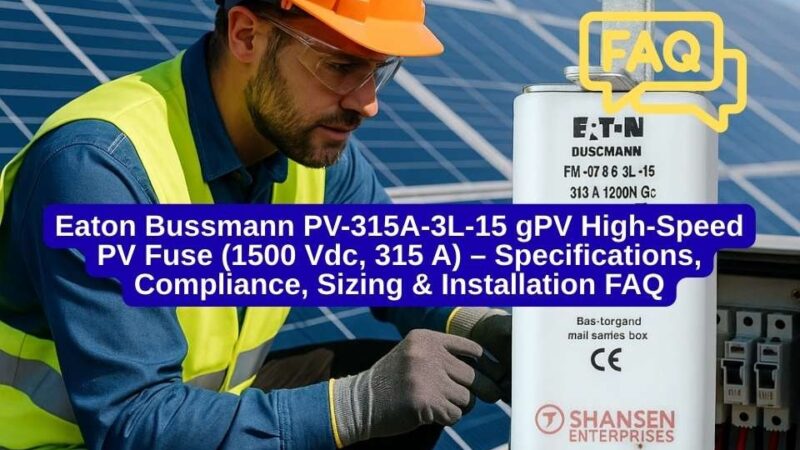 Engineer on a solar rooftop beside a combiner box with Eaton Bussmann PV-315A-3L-15 gPV high-speed PV fuse, 315A 1500V DC — FAQ cover