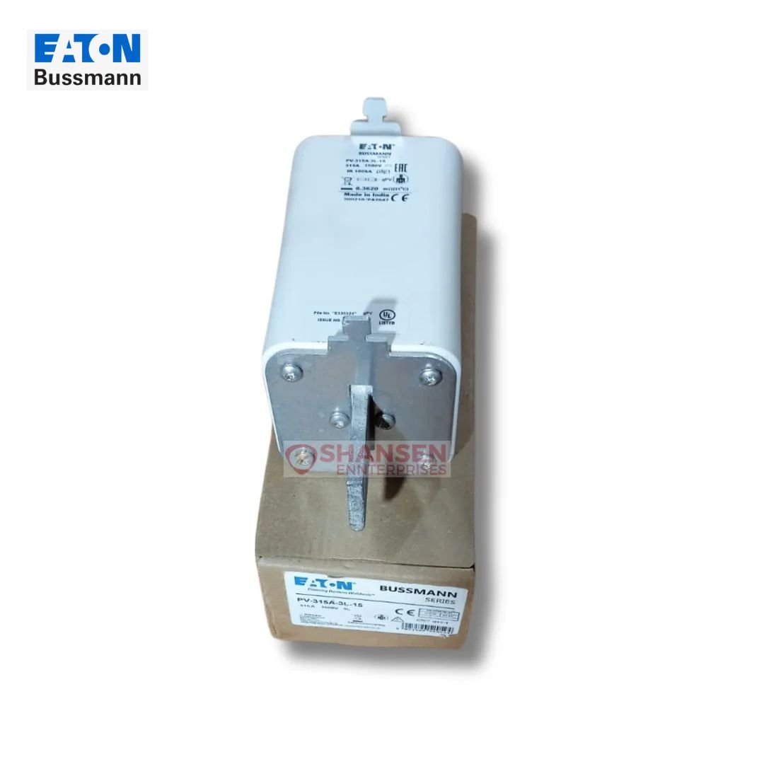 Eaton Bussmann PV-315A-3L-15 gPV photovoltaic fuse, 315A 1500V DC, size 3L—end view resting on product box