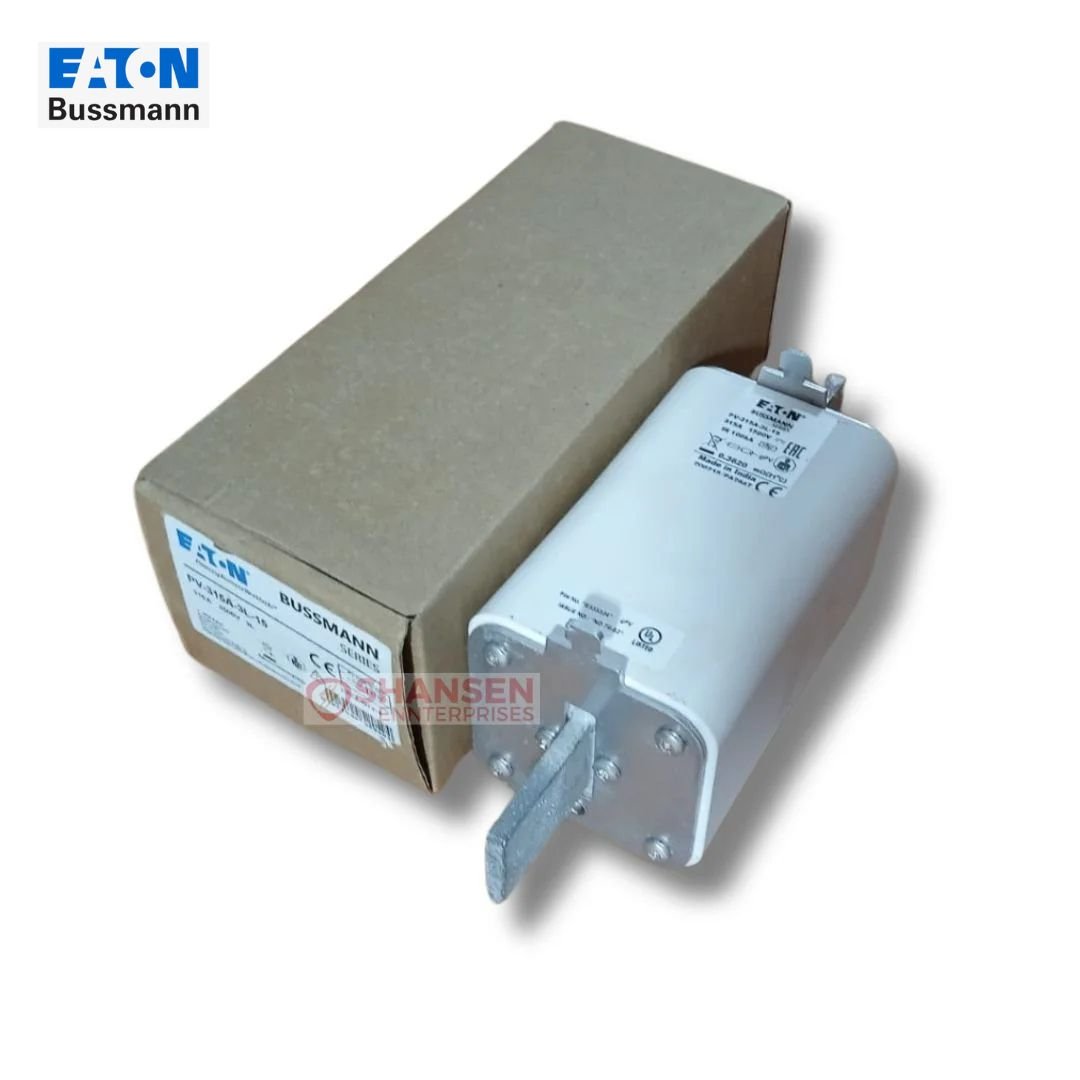 Eaton Bussmann PV-315A-3L-15 gPV photovoltaic fuse, 315A 1500V DC, size 3L—side angle shown next to product box