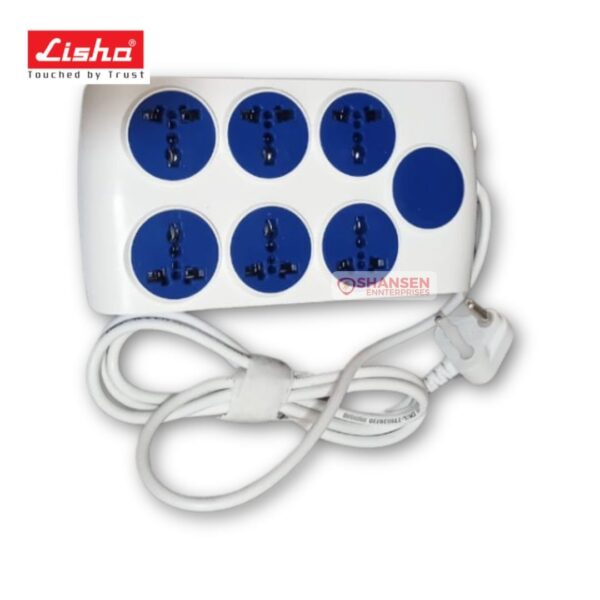 Lisha FUTURA heavy-duty power strip with six international sockets, master and individual switches with indicator, 10A 240V rating, 2 m heavy-duty cord; Made in India