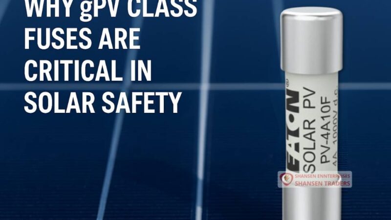 Eaton Bussmann PV-4A10F fuse on solar panel background with text Why gPV Class Fuses are Critical in Solar Safety