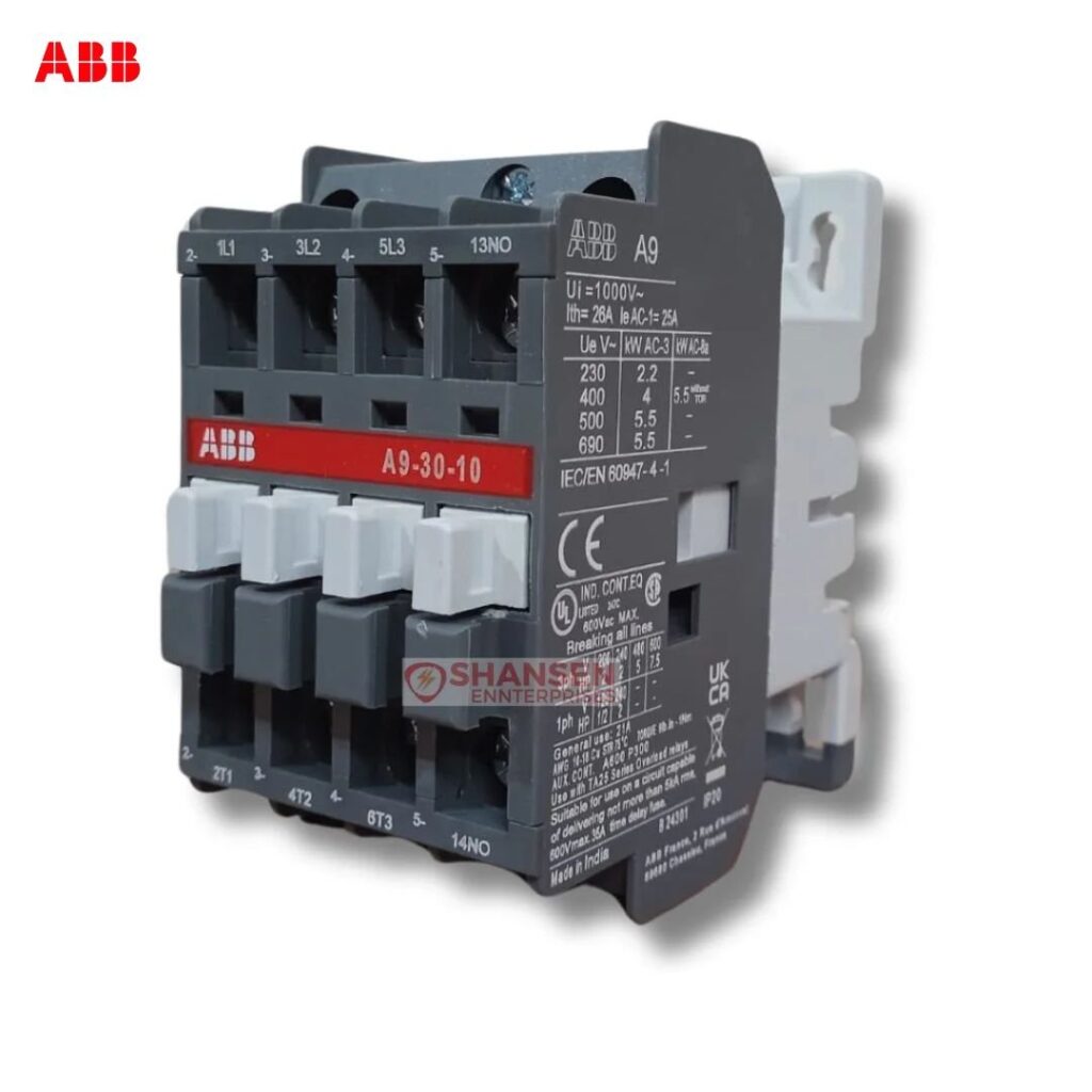 Front view of ABB A9-30-10 contactor – 3-pole, 9A, 4 kW (AC-3), 220–230V coil; Made in India, supplied by Shansen Enterprises