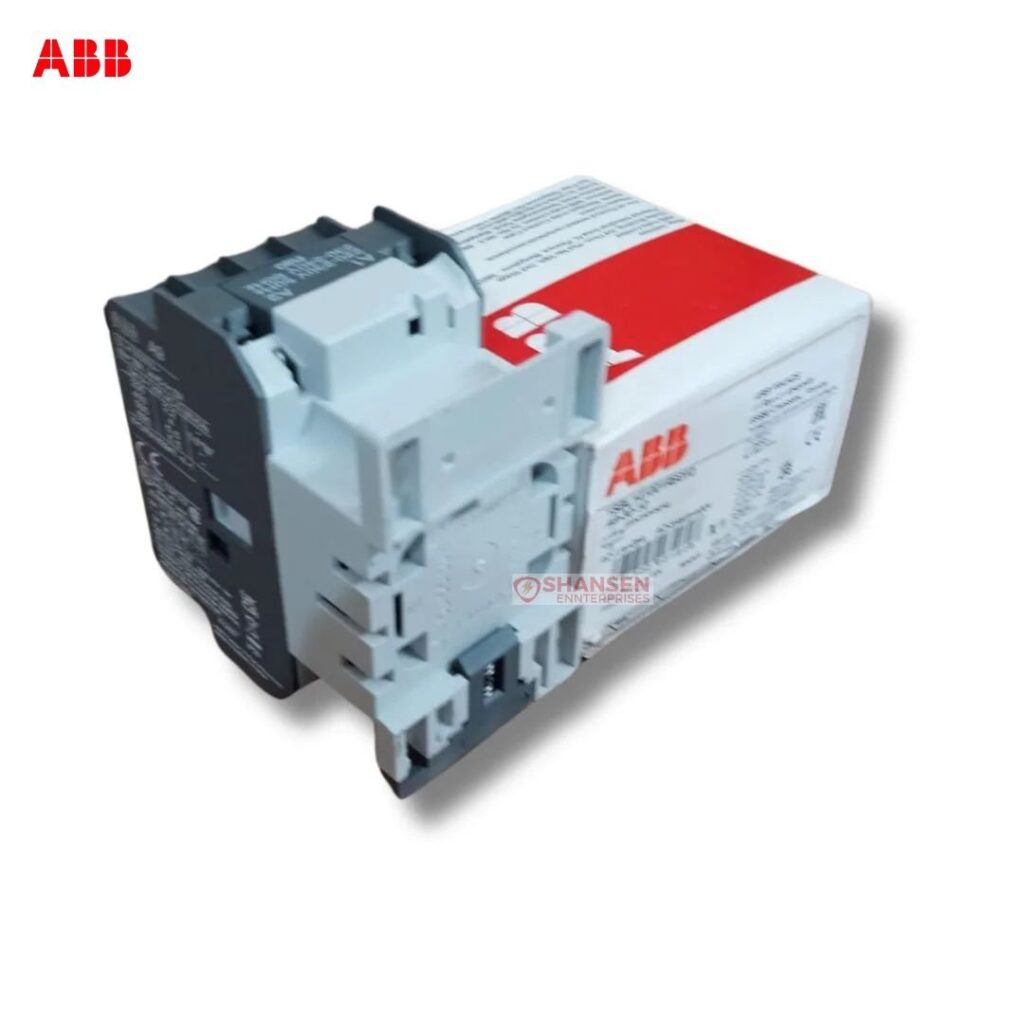 Rear/base view of ABB A9-30-10 contactor with packaging — 3-pole, 9A, 4 kW (AC-3), 220–230V coil. Genuine ABB product supplied by Shansen Enterprises