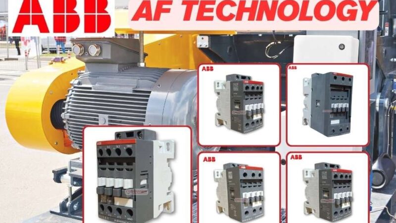 ABB AF Series contactors beside industrial motor — compact AF technology contactors for motor control and surge protection