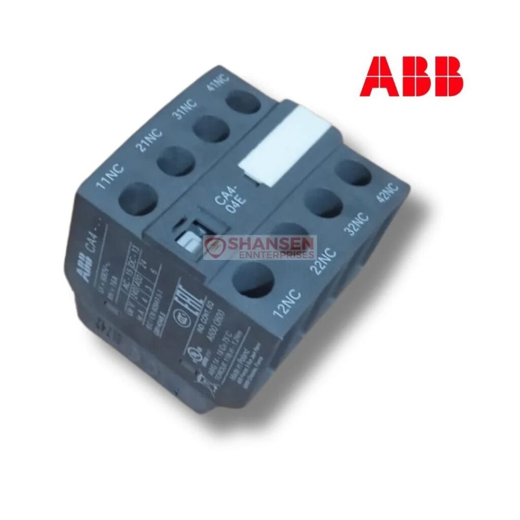 Angled view of ABB CA4-04E 4-pole auxiliary contact block with screw terminals by Shansen Enterprises