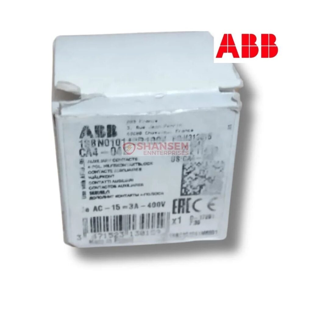 ABB CA4-04E auxiliary contact block box label with product details and ABB branding by Shansen Enterprises India