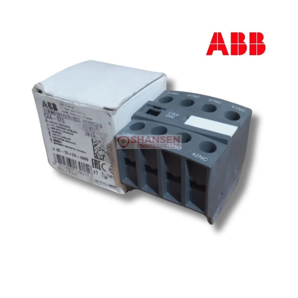 ABB CA4-04E auxiliary contact block side view with original box — 4-pole front-mounted accessory by Shansen Enterprises