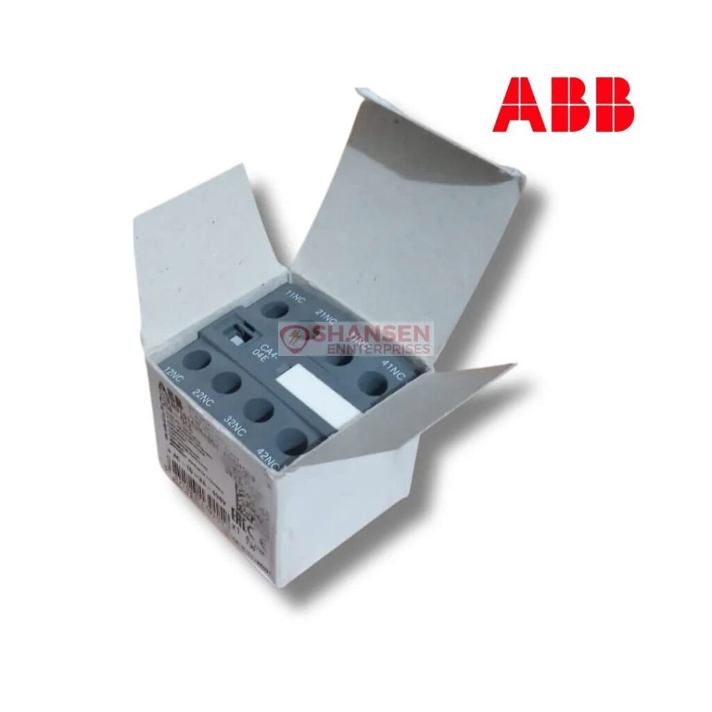 ABB CA4-04E Auxiliary Contact Block in box packaging front-mounted 4-pole contact block by Shansen Enterprises India