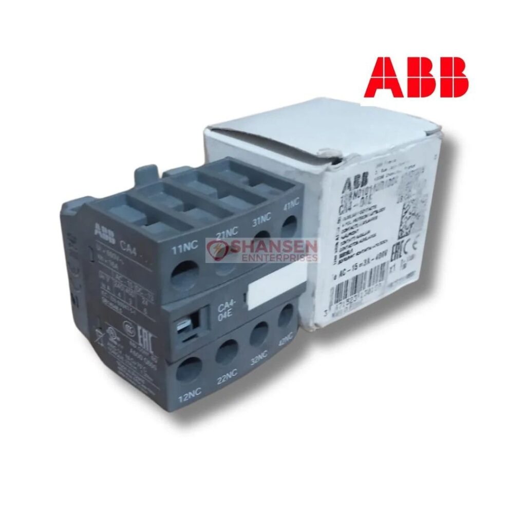 ABB CA4-04E auxiliary contact block next to original box – 4-pole front-mounted contact block by Shansen Enterprises