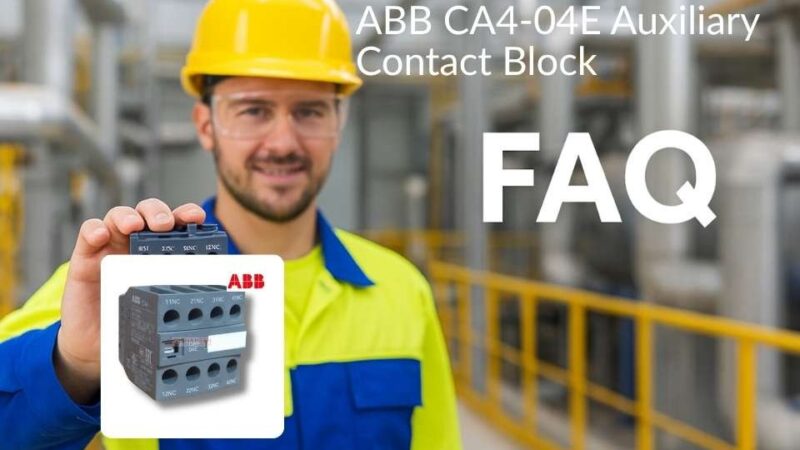 Electrician in high-visibility uniform holding ABB CA4-04E 4-pole auxiliary contact block in an industrial plant — FAQ page image