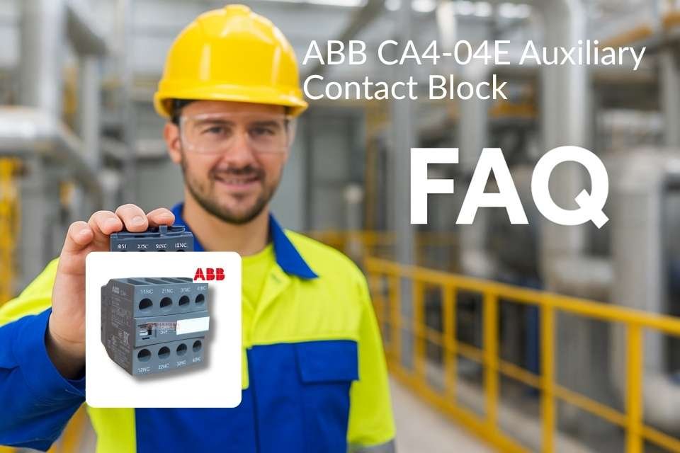 Electrician in high-visibility uniform holding ABB CA4-04E 4-pole auxiliary contact block in an industrial plant — FAQ page image